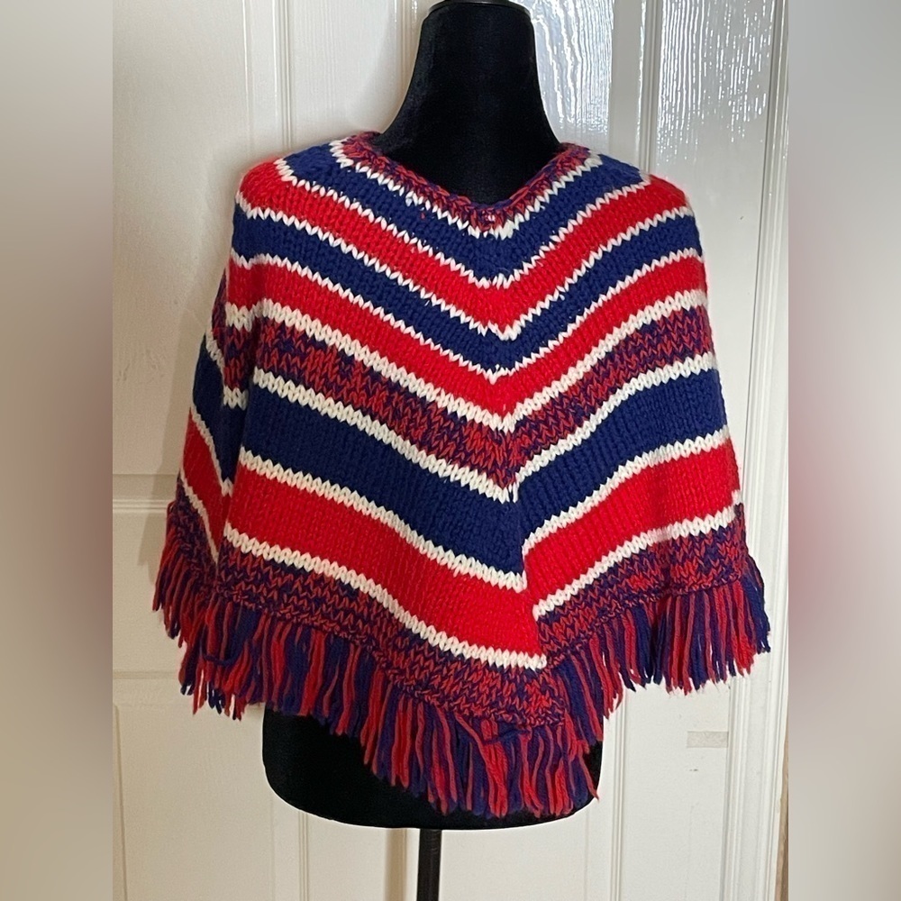 Handknitted Patchwork Wool Colorful Festival Boho Fringe Poncho Wrap - Picture 3 of 10